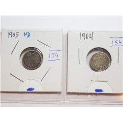 1905 ND AND 1904 CANADA 5 CENT SILVER COINS