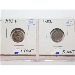 1903 H AND 1902 CANADA 5 CENT SILVER COINS