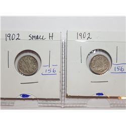 1902 SMALL H AND 1902 CANADA 5 CENT SILVER COINS