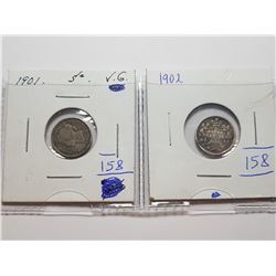 1902 AND 1901 CANADA 5 CENT SILVER COINS