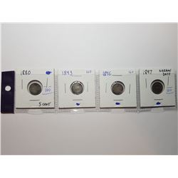 1880, 1893, 1896, 1897 SLIGHT DAMAGE CANADA 5 CENT SILVER COINS