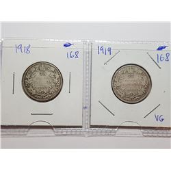 1919 AND 1918 CANADA 25 CENT COINS