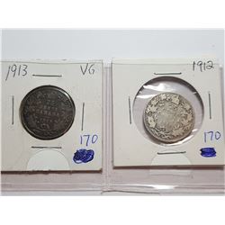 1913 AND 1912 CANADA 25 CENT COINS