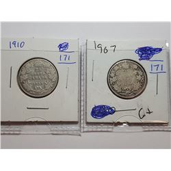 1910 AND 1907 CANADA 25 CENT COINS