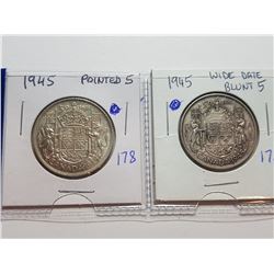 1945 POINTED 5 AND 1945 BLUNT 5 SILVER 50 CENT COINS