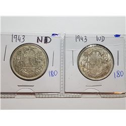 1943 WD AND 1943 ND SILVER 50 CENT COINS