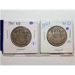 1941 WD AND 1941 ND SILVER 50 CENT COINS