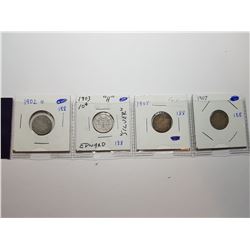 1902 H, 1903 H, 1905, 1907 SILVER 10 CENT COINS - CANADA