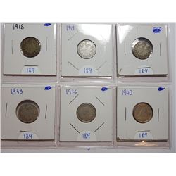 1918, 1919, 1913, 1933, 1936, 1940 SILVER 10 CENT COINS - CANADA