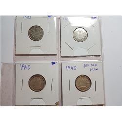 1921, 1929, 1940, 1940 DOUBLE DATE SILVER 10 CENT COINS - CANADA