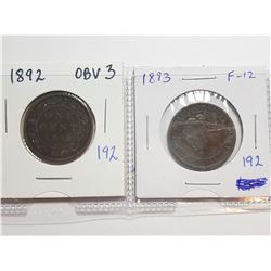 1892 OBV 3 AND 1893 LARGE ONE CENT COINS - CANADA