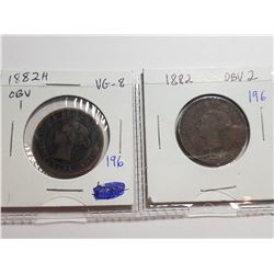1882 OBV1 AND 1882 OBV 2 LARGE ONE CENT COINS - CANADA