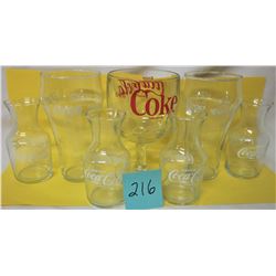 (7) COKE/COCA COLA GLASSES 1-GOBLET,2-FOREIGN LANGUAGE,4-JIGGERS