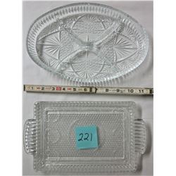 2- VINTAGE CUT GLASS SERVING TRAYS 11"x7" DIVIDED OVAL PICKLE TRAY 11"x6" RECTANGULAR HANDLED TRAY