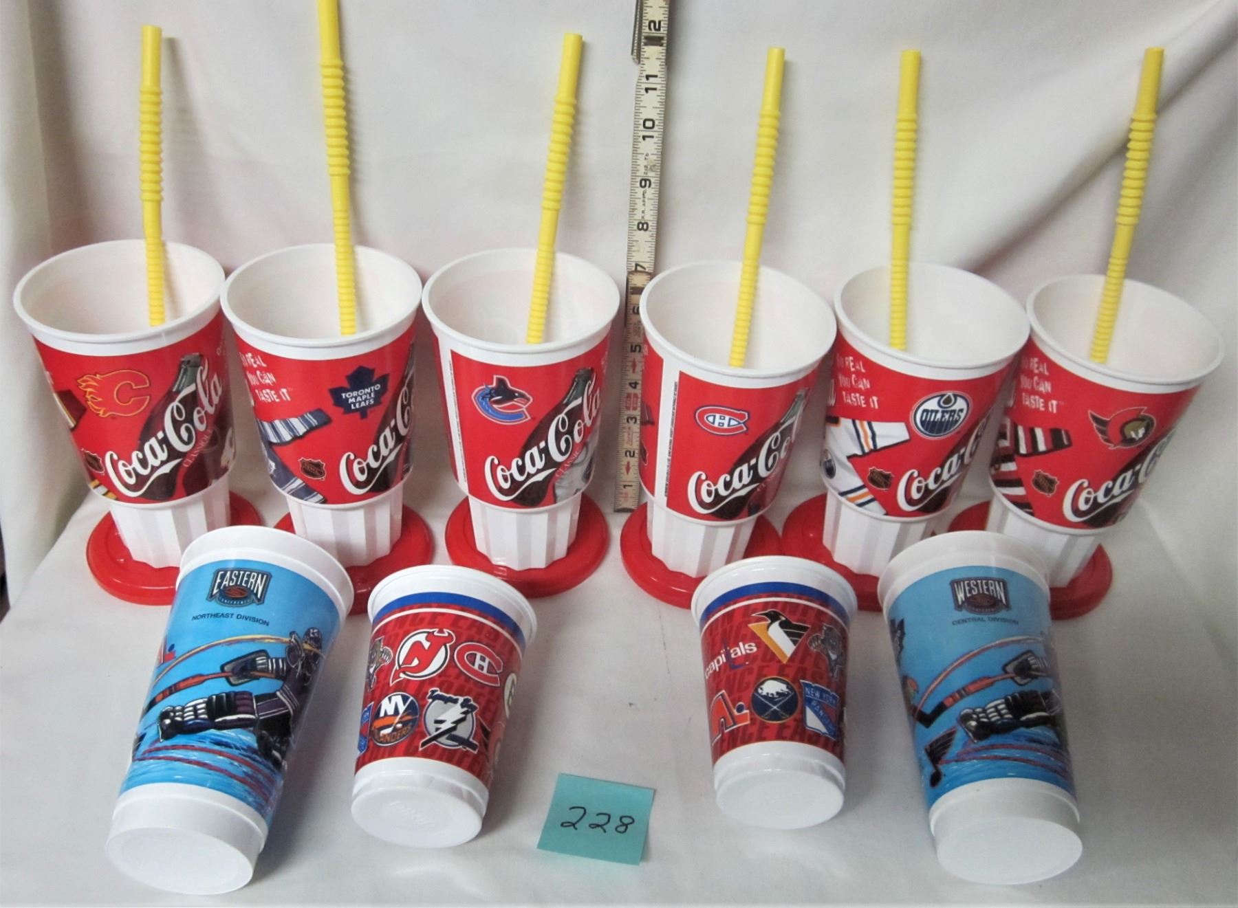 SET 6 PLASTIC 7" COCA COLA GLASSES/LIDS & STRAWS CANADIAN NHL TEAM LOGOS