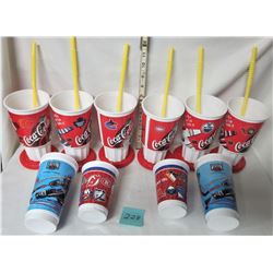 SET 6 PLASTIC 7" COCA COLA GLASSES/LIDS & STRAWS CANADIAN NHL TEAM LOGOS