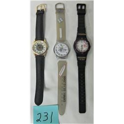 3 WRIST WATCHES- PIERRE NICOL-JAPAN MOVEMENT-LEATHER STRAPS,1998NAGANO CANADA MEDICAL WATCH NEEDS ST