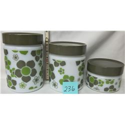 SET 3 WHITE MILK GLASS/GREEN DAISY PRINT KITCHEN CANNISTER SET-PLASTIC LIDS