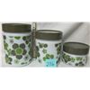 Image 1 : SET 3 WHITE MILK GLASS/GREEN DAISY PRINT KITCHEN CANNISTER SET-PLASTIC LIDS