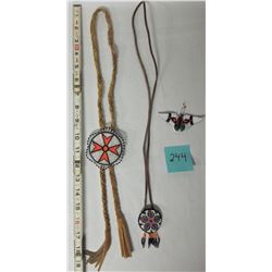 2 LEATHER BEADED BOLO TIES & BEADED BUTTERFLY