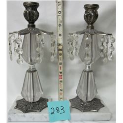PAIR VINTAGE BRASS & CRYSTAL CANDLESTICKS/MARBLE BASE & DANGLING CRYSTALS