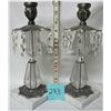Image 3 : PAIR VINTAGE BRASS & CRYSTAL CANDLESTICKS/MARBLE BASE & DANGLING CRYSTALS