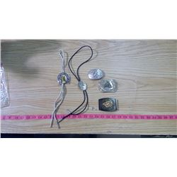 LOT OF THREEE BELT BUCKLES AND TWO BOLO TIES