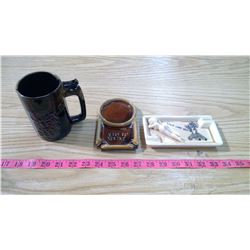 TWO ASHTRAYS AND WHISTLE MUG
