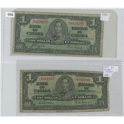 Lot of 2 1937 $1 notes with 2 different signature combinations: Coyne-Towers and Gordon-Towers. Both