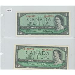 Lot of 2 different 1954 Modified Portrait $1 notes. Both with Beattie-Rasminsky signatures, but one 