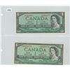 Image 1 : Lot of 2 different 1954 Modified Portrait $1 notes. Both with Beattie-Rasminsky signatures, but one 