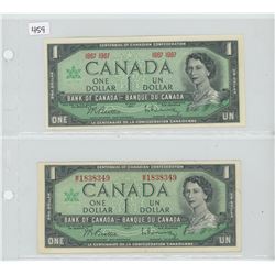 Lot of 2 different 1967 $1 notes: 1867-1967 (no serial number) and with serial number. Uncirculated 