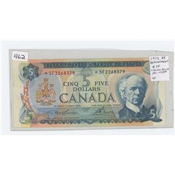 1972 $5 Replacement note. Lawson-Bouey signatures. *SF prefix. VF-20.