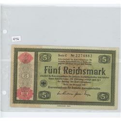 Nazi Germany 1933/1934 5 Reichsmark Conversion note. VF-20.