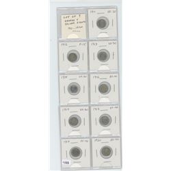 Lot of 9 nice George V silver 5 cents 1911 ? 1920. 1911 VF-20; 1912 F-15; 1913 VF-30; 1914 VF-30; 19