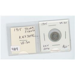 1915 silver 5 cents. VF-30. Key Date.