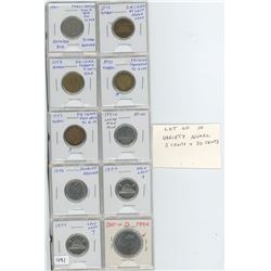 Lot of 10 variety nickel 5 cents and 50 cents: 1941 spikes behind king?s head from Die Clash; 1942 T