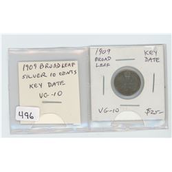 1909 Broad Leaves silver 10 cents. VG-10. Key Date.