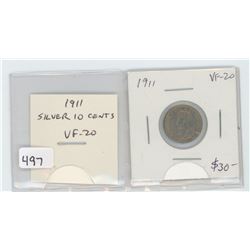 1911 silver 10 cents. VF-20. Nice.