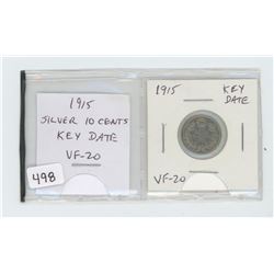 1915 silver 10 cents. VF-20. Key Date. Nice.