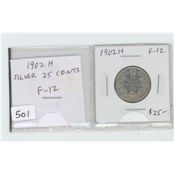 1902H silver 25 cents. F-12.