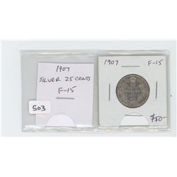 1907 silver 25 cents. F-15.