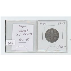 1909 silver 25 cents. VG-10.