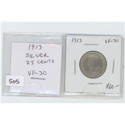 1913 silver 25 cents. VF-30. Nice.