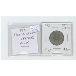 1921 silver 25 cents. F-15. Key Date.