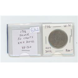 1916 silver 50 cents. VF-20. Key Date. Nice.