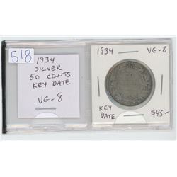 1934 silver 50 cents. VG-8. Key Date.