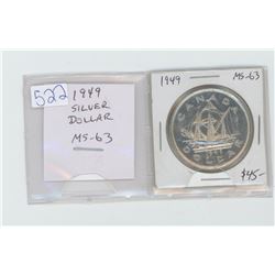 1949 silver dollar. MS-63. Celebrates Newfoundland joining Canada. Nice.