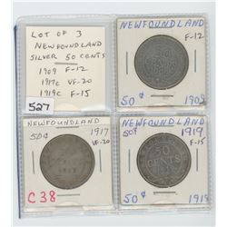 Lot of 3 Newfoundland silver 50 cents: 1909 F-12; 1917c VF-20; 1919c F-15.