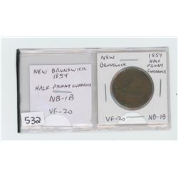 New Brunswick 1854 Half Penny Currency Token. NB-1B. VF-20.